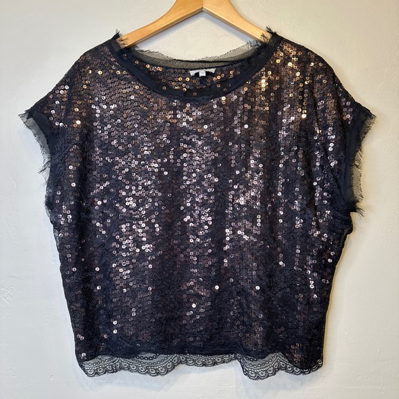 Joie | Addison Caviar Sequin Mesh Lace Cap Sleeves Cropped Fit Glam Boxy Blouse - Picture 3 of 15